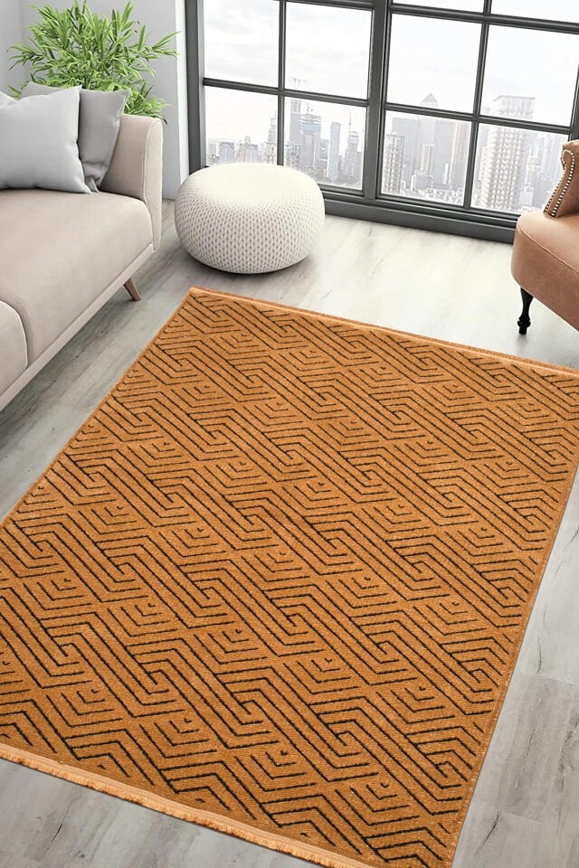 Serelia Şönil Kilim Dokuma ve Kaymaz Taban Antialerjik Makinede Yıkanabilir Leke Tutmaz Halı Hardal