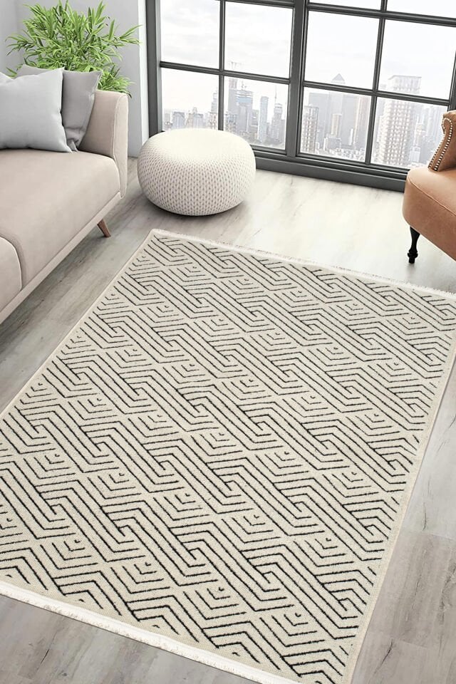 Serelia Şönil Kilim Dokuma ve Kaymaz Taban Antialerjik Makinede Yıkanabilir Leke Tutmaz Halı Beyaz